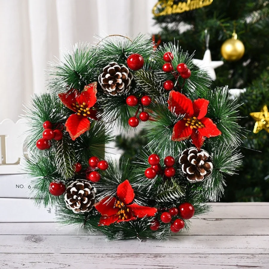 Christmas Wreath Artificial Pinecone Red Berry Garland Hanging Ornaments Front Door Wall Decorations Xmas Tree Wreath
