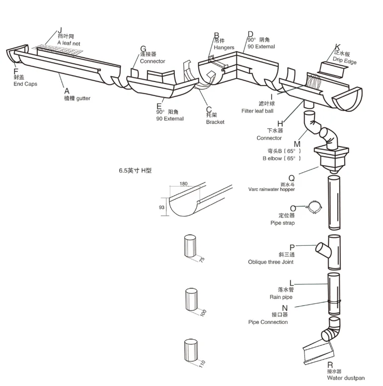 roof drain size brackets aluminium rain gutter with accessory