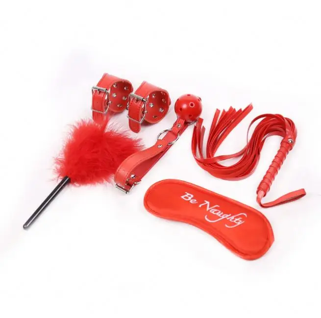 Wholesale Red Binder Feather Gag SM Kit Nipple Clamp Handcuff Bondage Gear For Couples