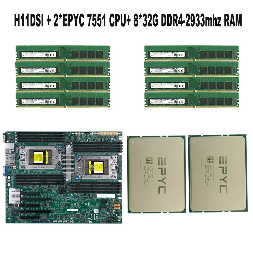 Материнская плата Supermicro H11dsi + 2x Amd Epyc 7551 Cpu 8x32 ГБ 2666 МГц ОЗУ TR4-SP3 280 Вт кулер вентилятор P40 24 GPU * 1