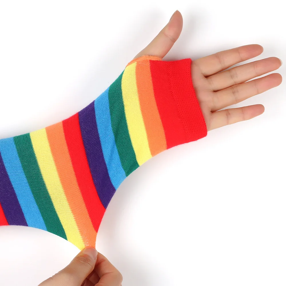 rainbow striped long arm warmer fingerless gloves mittens