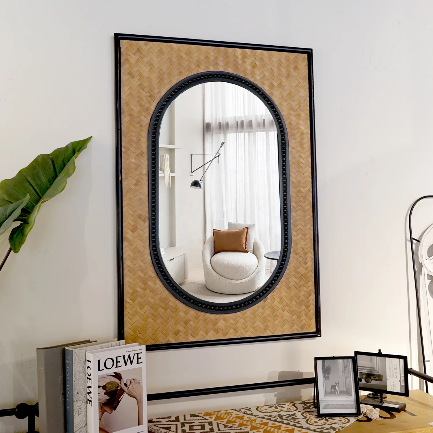 New Custom Oval Mirror Living Room Art Deco Wall Hanging Handmade Bamboo Wood Frame Wall Mirror
