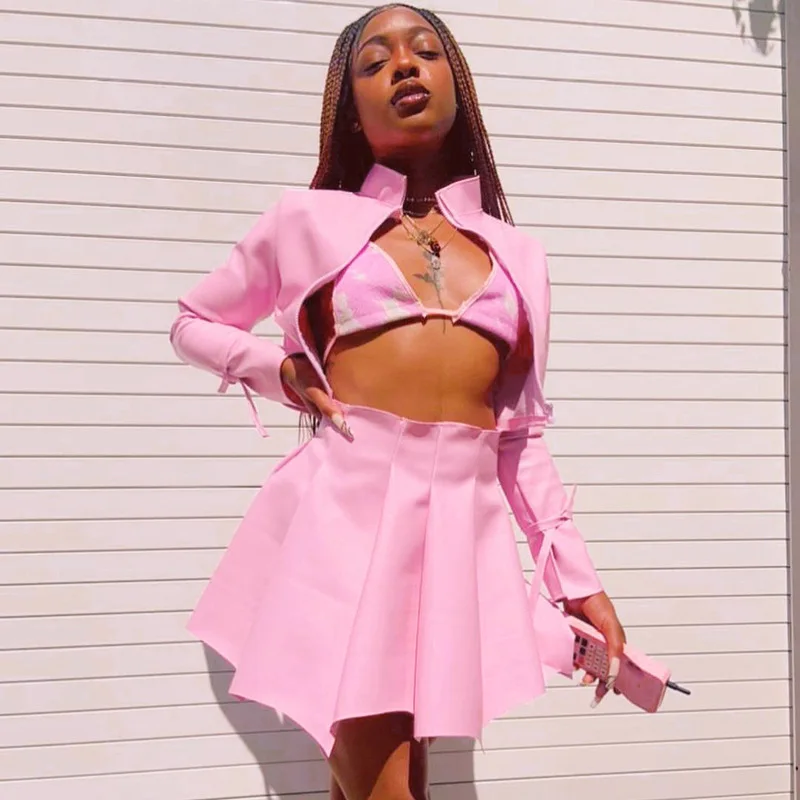 Trendy Women Winter Outfit Party Wear Pleated Skirt And Crop Top Jacket Set Two Pieces Solid Color Leather Sexy Skirt Set
