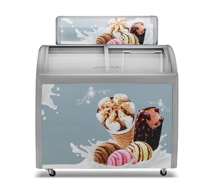 HIC display ice cream fridge commercial curved sliding glass door chest freezer