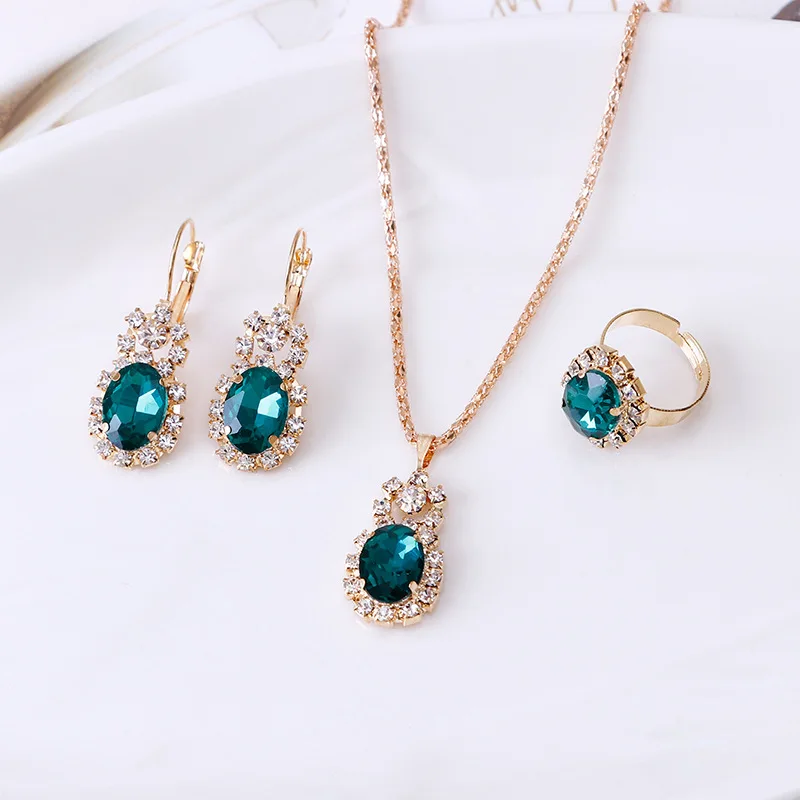 2022 Hot Sale Oval Gemstone Claw Chain Set Crystal Necklace Earring Ring Wholesale Three Piece Set