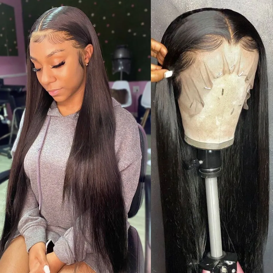 13*4  Glueless Swiss Lace Frontal Wigs Raw Indian Human Hair Lace Wigs Virgin Cuticle Aligned Silky Straight  Lace Front Wig