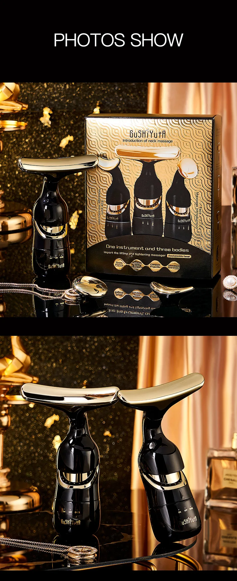 3 in 1 Gold Black Home Use Skin Rejuvenation Anti-Aging Device Facial Eye Massage Introducer Face & Neck Lifting Massager