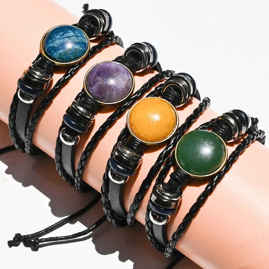 Fashion Leather Bracelet Tiger Eye Stone  Natural Gem Agate Amethyst Healing Crystal Cabochon Adjustable Bracelet