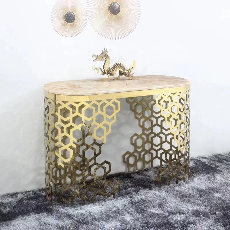 Luxury Gold Metal Frame With Natural Marble Top Console Table Living Room Foyer Hallway Table