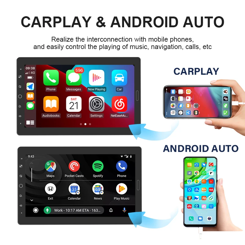 Henmall Car Stereo 10 Inch 1 Din MP5 Multimedia Audio Player FM Carplay Android Auto Touch Screen Single Din Car Radio