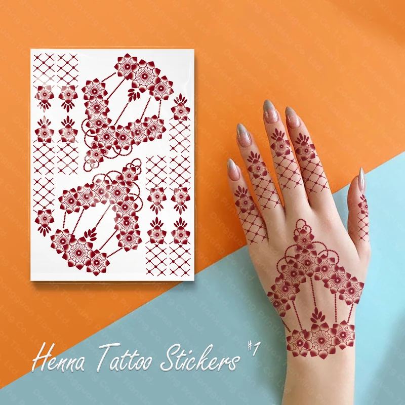 High Quality Red Brown Mehndi Waterproof Temporary Henna Tattoo Stickers For Hand