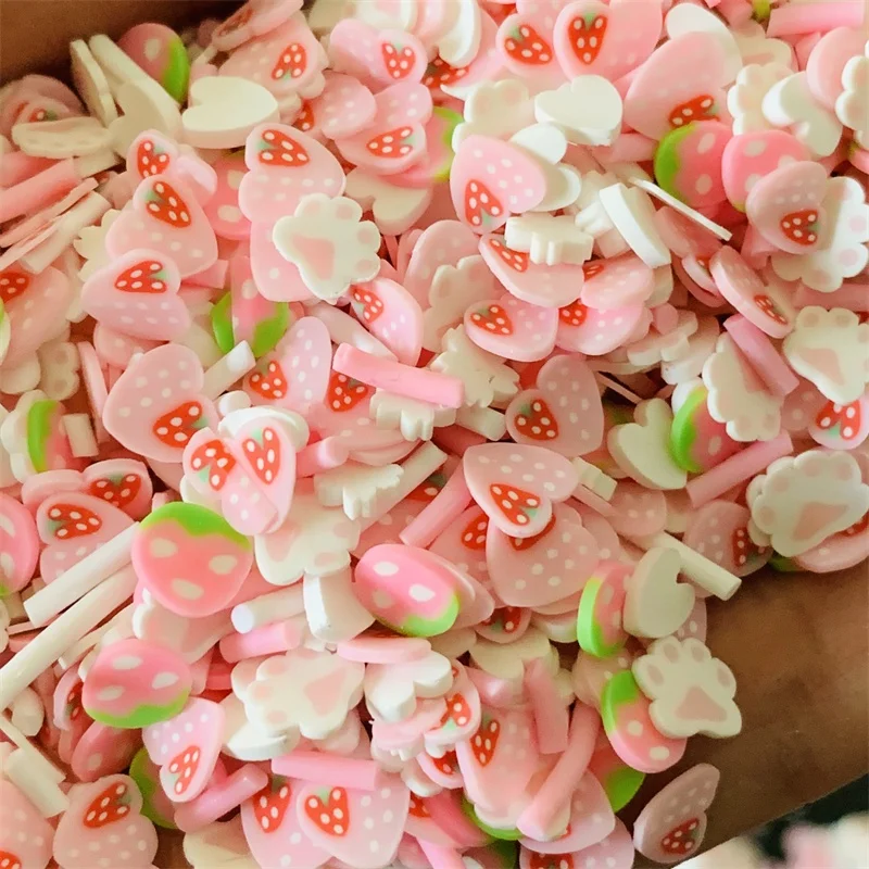 100g/bag Pink Heart Strawberry Mixed Slices Polymer Clay 3D Craft Slime Slices Diy Dolls for Mobile Phone Case Decorations