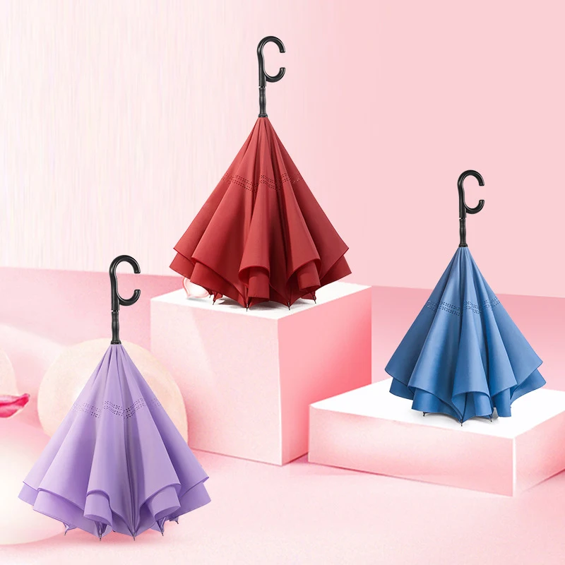 ZD082 Wholesale Automatic Open Double Layer Inverted Umbrella Sun UV Car Straight Umbrella C Type Handle Reverse Parasol