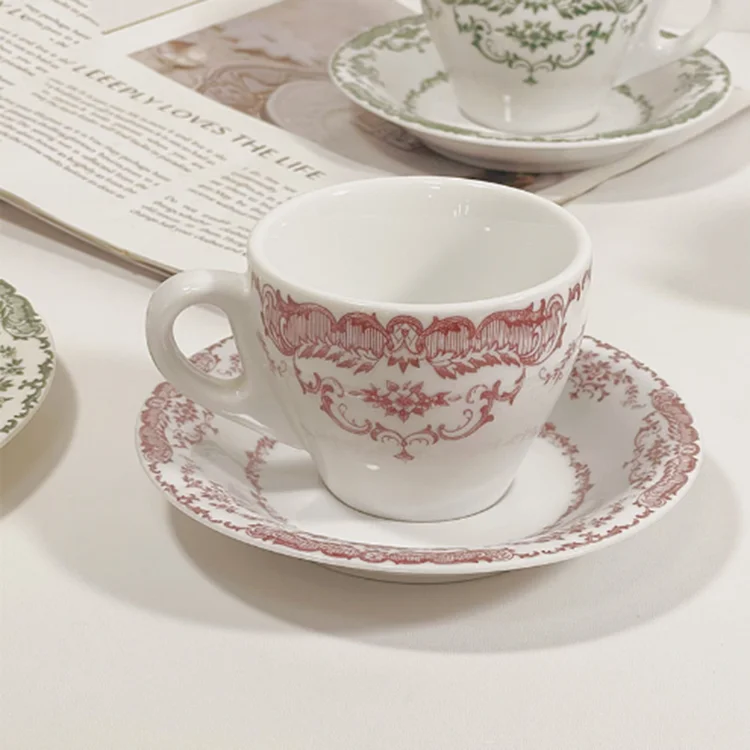 Ready to ship European style retro rose flowers white ceramic coffee cups and saucers afternoon tea cups custom logo