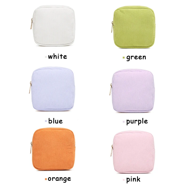 Personalized embroidery name ribbed cosmetic bag big capacity corduroy pouches candy color portable toiletry makeup bag for gift