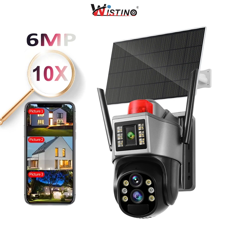 Wistino 6MP Three Screen 10x Zoom 4G Wifi Dual Panel Outside Camera AI Humanoid Detection Color Night Vision Solar Cctv Camera