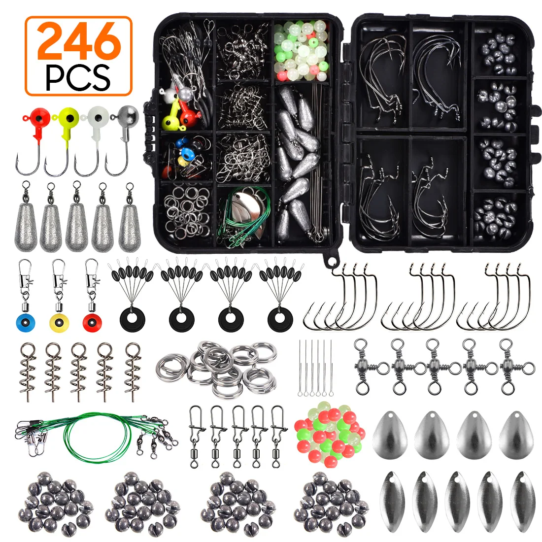 246PCS Fishing Accessories Set Jig Hooks Sinker Swivel Bead Fish Terminal Tackle , Gear Saltwater Fishing lure bait Set Kit