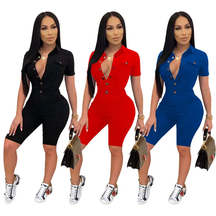 Fashion Summer Ladies Short Sleeve Rompers Button One Piece Casual Women Plus Size Cargo Jumpsuits