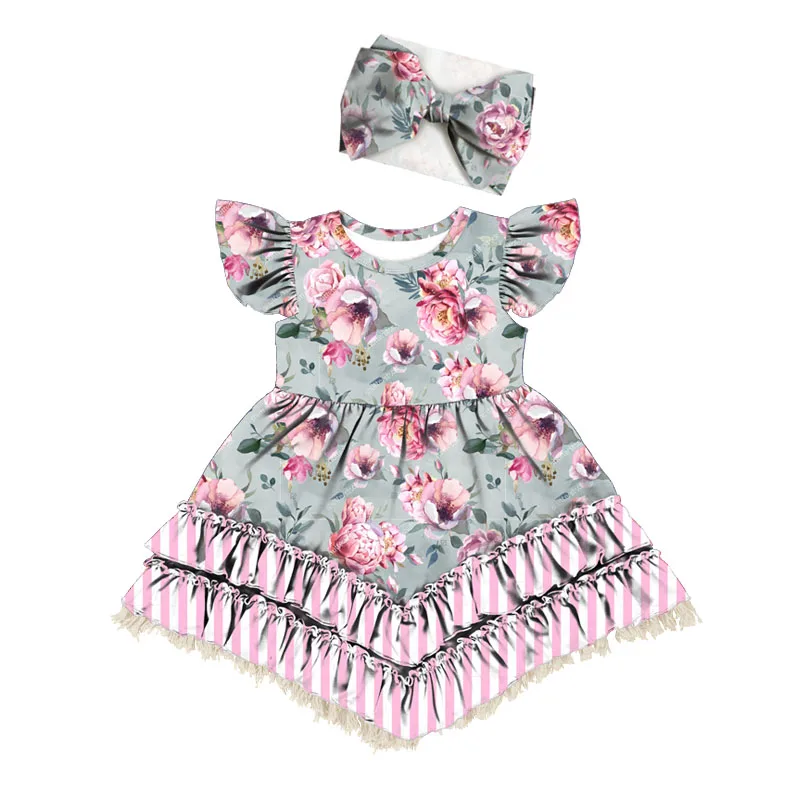 BQA-184 +FD-041  Newborn Baby Girls Pink flower Tutu Dress First Birthday Skirt Outfits Casual Girls Clothes Headband