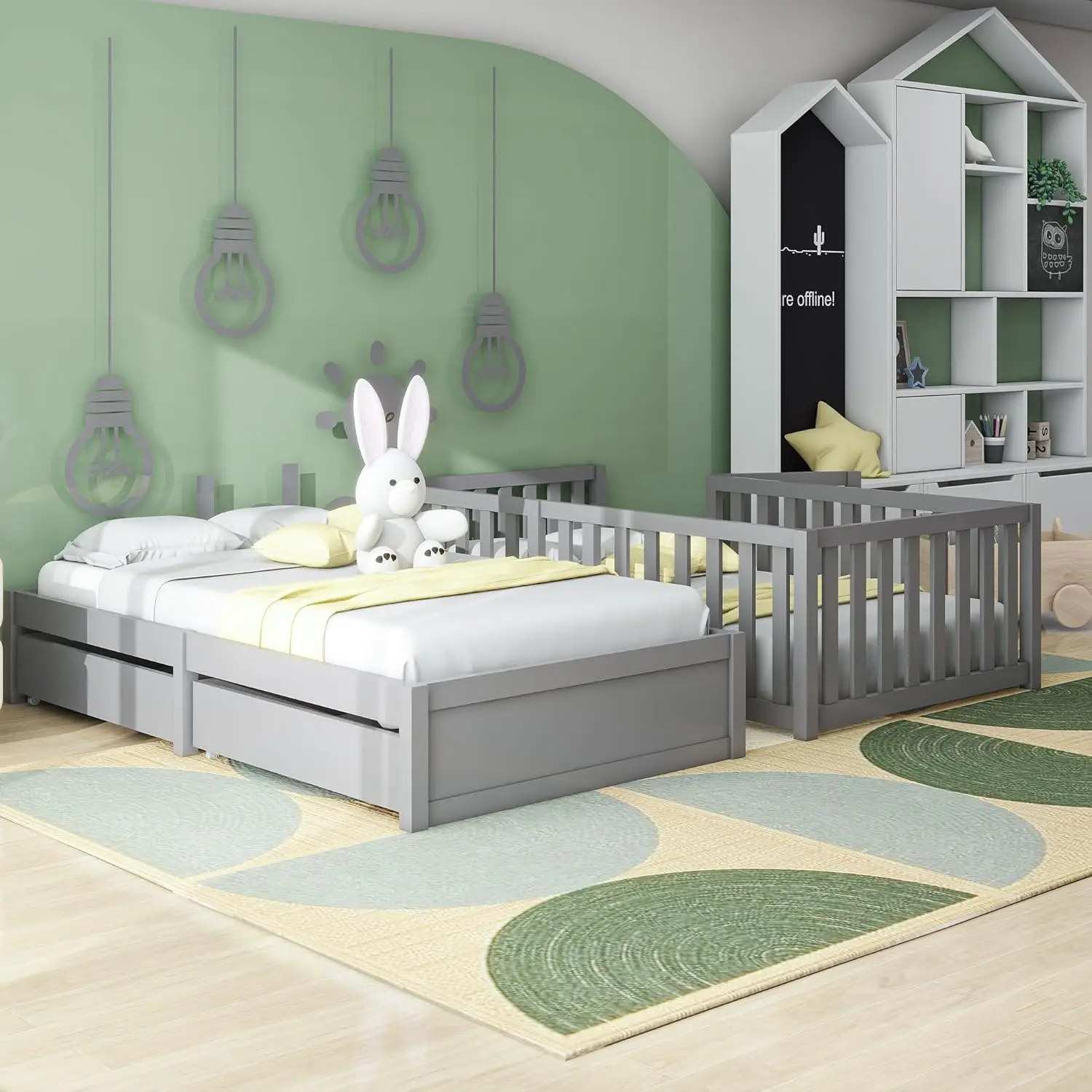 Twin Size Daybed with Fence Guardrails and 2 Drawers, Split into Independent Floor Bed & Daybed, Wood Daybed Sofa Bed Frame