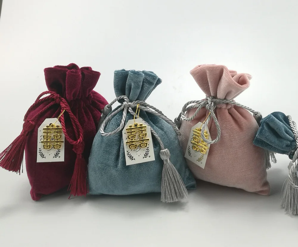 Tassel Personal Made Packing Pouches Size Dust Fabric Candy Jewelry Gift Drawstring Velvet Bags With Custom Logo
