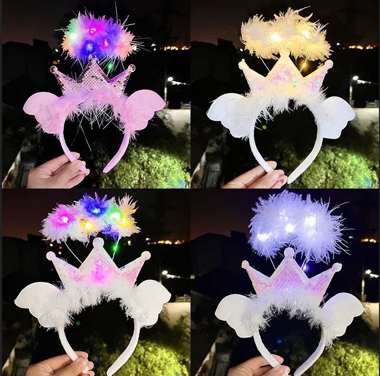 HOT LED Feather Wreath Crown Headband Light-Up Angel Headdress Women Girls Christmas Glow Graduation Other Party Supplies
