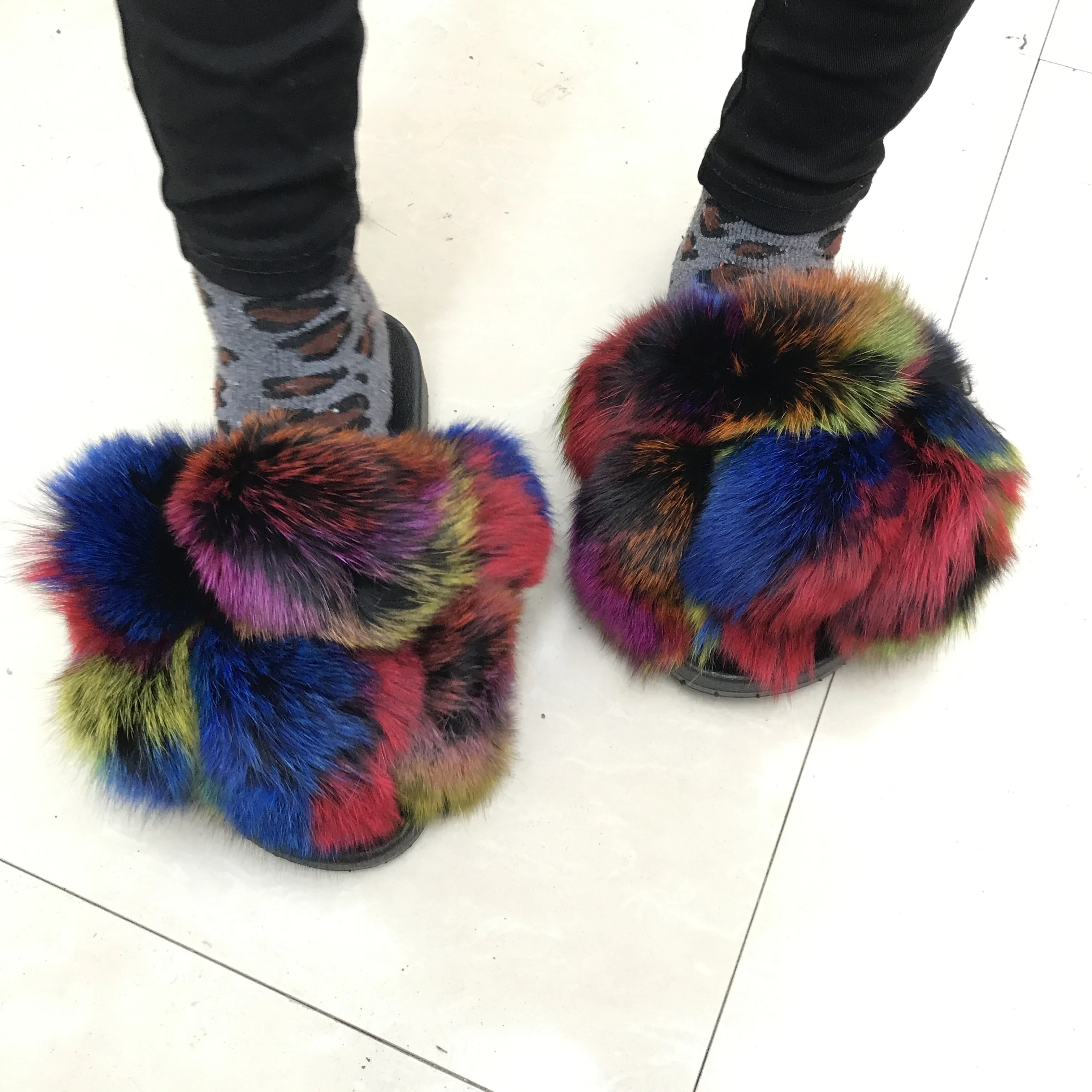
Big Fur Female Furry Flip Flops Casual Women Real Fur Fuzzy Slippers Open Toe Sandals Fox Fur Slides 