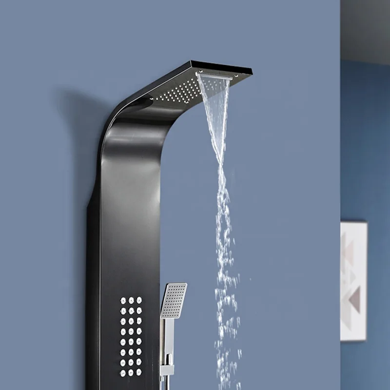 Shower Panel bathroom wall mounted stainless steel Waterfall black shower set column tower Massage Body Jets Shower Panels