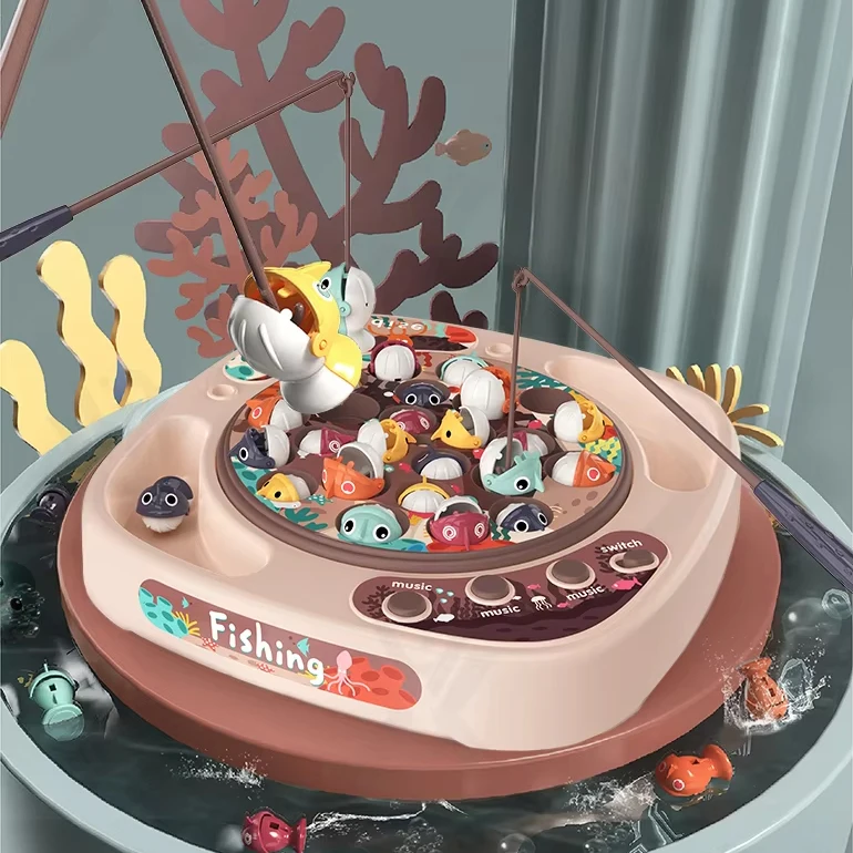 2024 Kids educational circulation rotating fishing toy fun two-person interactive electric musical fishing table toy