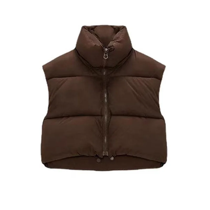 wholesale winter stand up collar zipper sleeveless cropped puffer women vest jacket