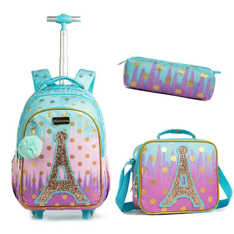 Four Wheel 3 Piece Set Children Kids Trolley School Bag Backpack with Lunch and Pencil Bag 2023 New Fashion Eiffel Tower Sequins