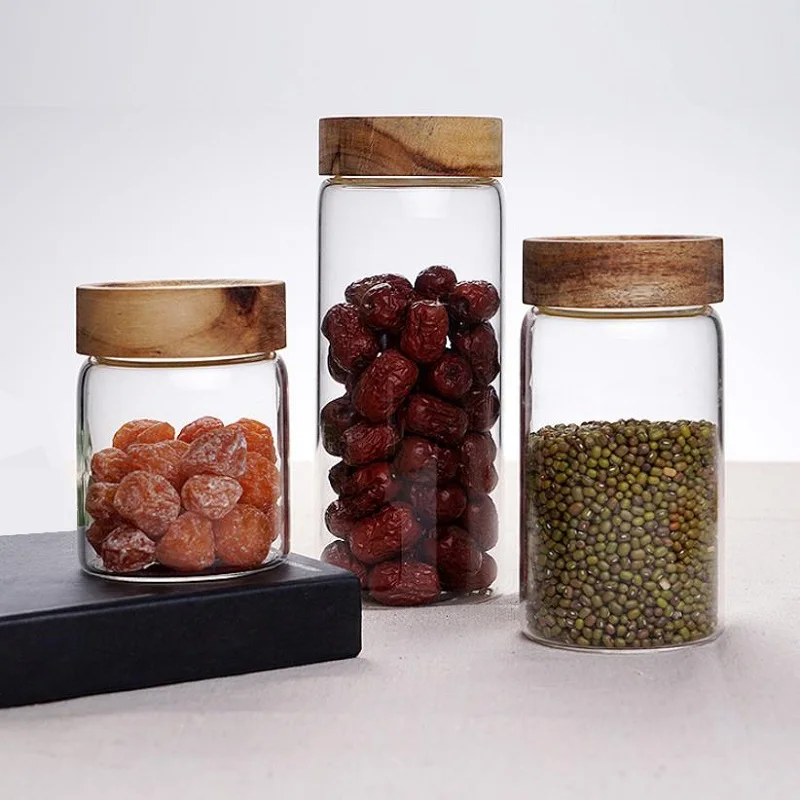 Wholesale High borosilicate glass jar food storage bottles with Acacia wood lid