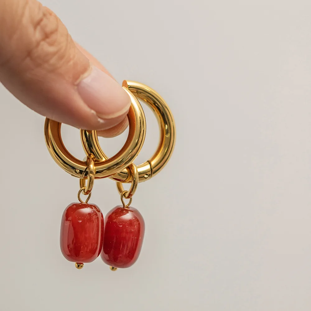 Trendy jewelry wholesale gold plated natural gemstone ruby red agate stone pendant drop stainless steel earrings for woman