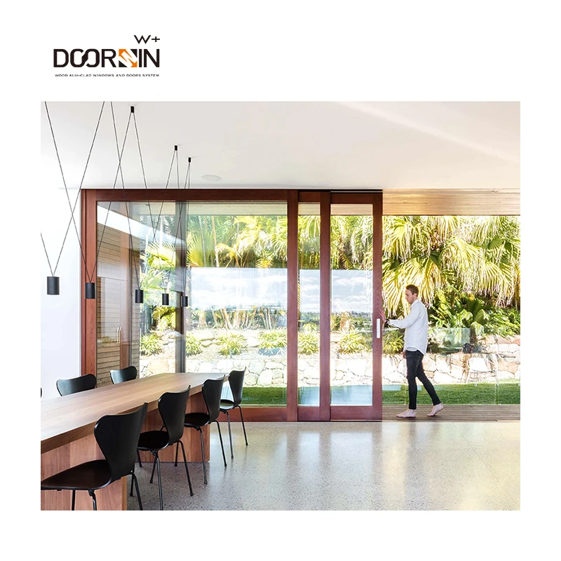 Manufacture Customized Entrance Doors Residential High Security Thermal Break Balcony Sliding Wood Door