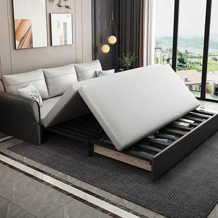 MORE DESIGN Luxury Comfortable Home Furniture Hotel 3 seat Wood Frames Fabric Leather Folding Sofa Bed with Storage Living Room