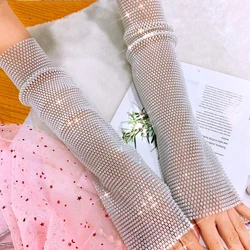 Flash Diamond Sleeve Women Party Long Stretch Mesh Rhinestone Arm Sleeve Gloves Disco Internet Celebrity Accessories Jewelry