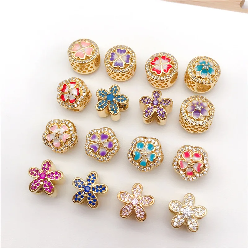 Zircon Petals Cherry Blossoms Loose Charm Beads Fit 14K Pand Designer Making Jewelry for DIY Accessories Bracelet