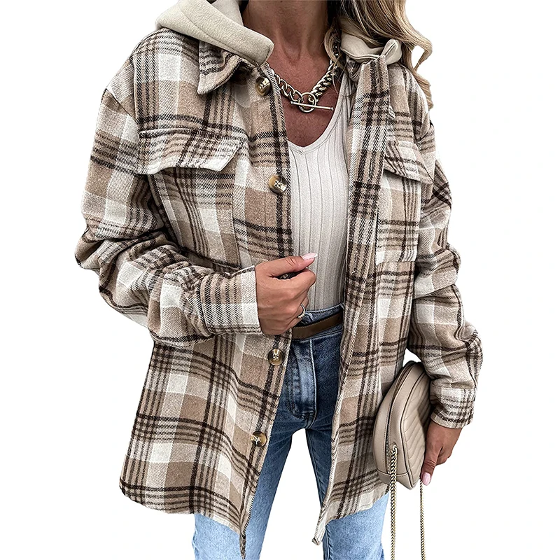 Women Long Sleeve Flannel Button Down Plaid Shacket Jacket Hooded Coat