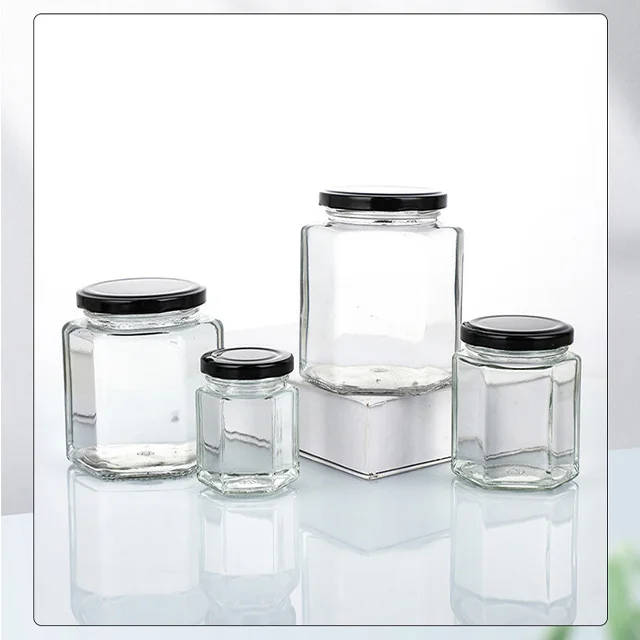 Putian 45ml-730ml Hexagonal Glass Jar with Lid Transparent Sealed Bottle for Sauce Honey Jam Various Sizes for Storage
