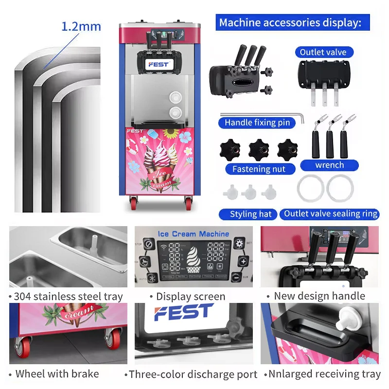 FEST Factory Direct Sell Ice Cream Machine Multi-functional Dual Motor Stainless Steel  Commercial Soft Ice Cream Maker