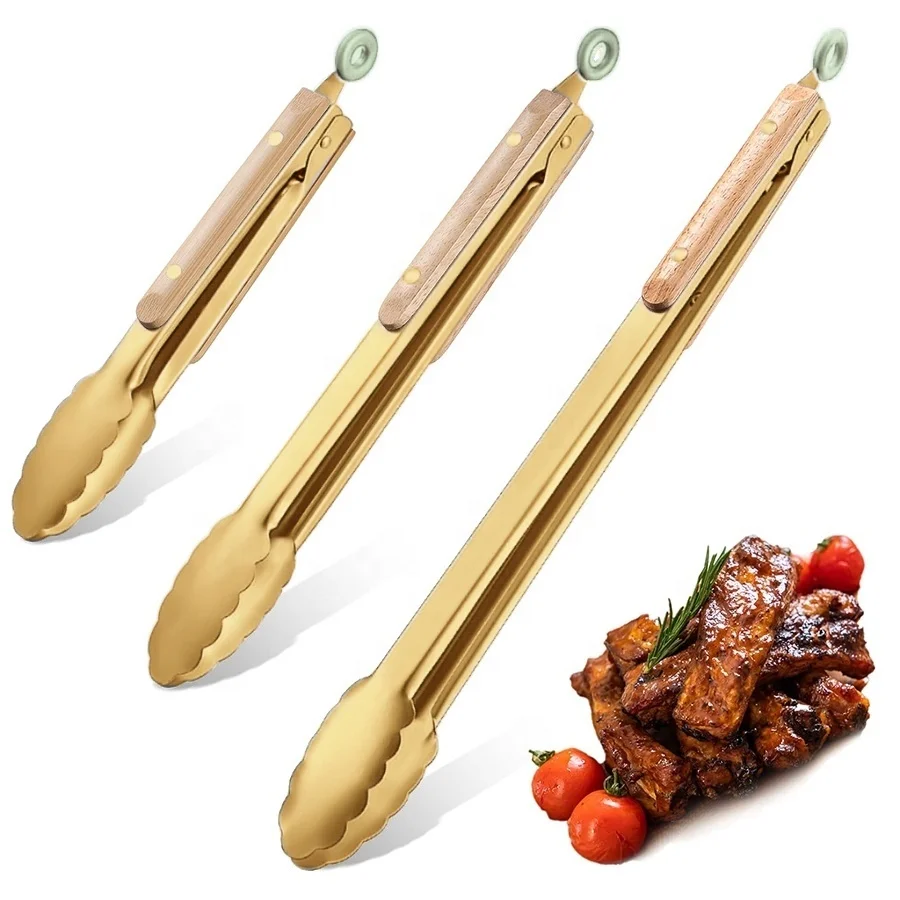 TOALLWIN Kitchen Gadgets Wood Handle Gold Stainless Steel Korean Bbq Tongs Silicone Food Tongs Salad Serving Clips Kitchen Tongs
