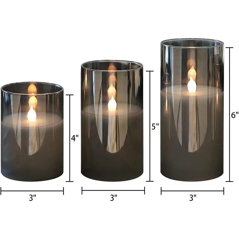 3pcs Set Gray Glass Battery Operated Flameless Led Candles with Remote and Timer Real Wax Candles Warm White Flickering Light
