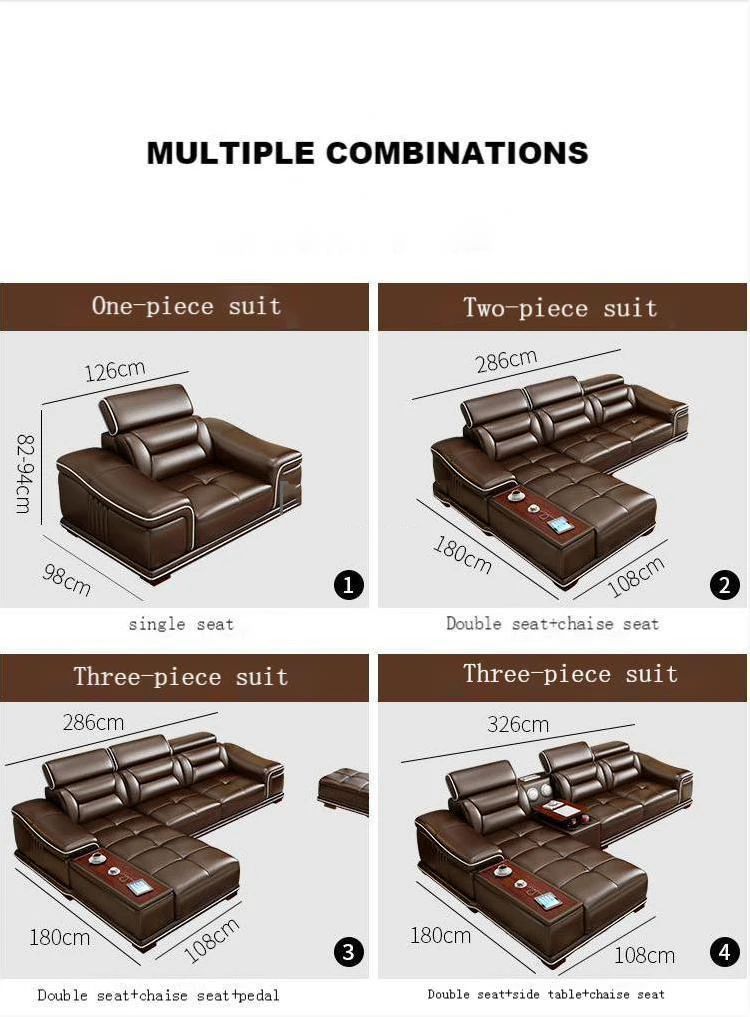 factory modern design sofa multifunctional adjustable height USB interface U shape leather living room sofa set Hotel Furniture