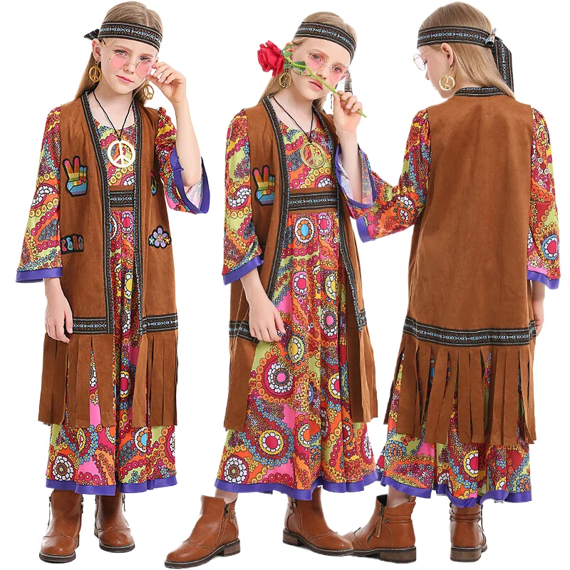 Children Girls Retro 70s Hippie Disco Singer Dancer Primitive Tribe Floral Dress Vest Set Halloween Cosplay Costumes Outfit