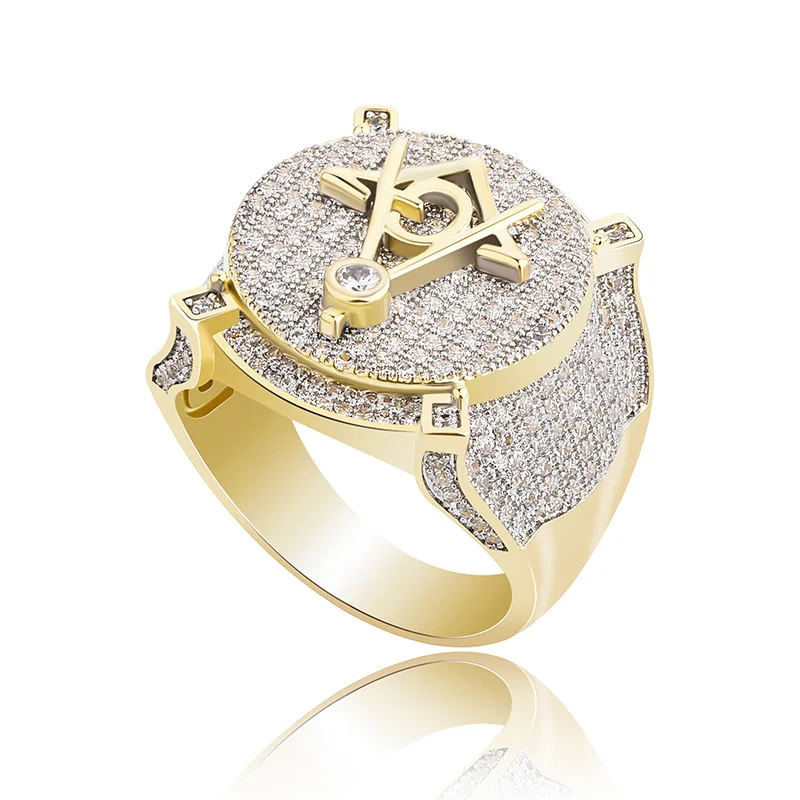 RQ Hip Hop Gold Color Plated Brass Iced Out Micro Pave Cubic Zircon Masonic Ring Charm For Men Gifts With 7 8 9 10 11