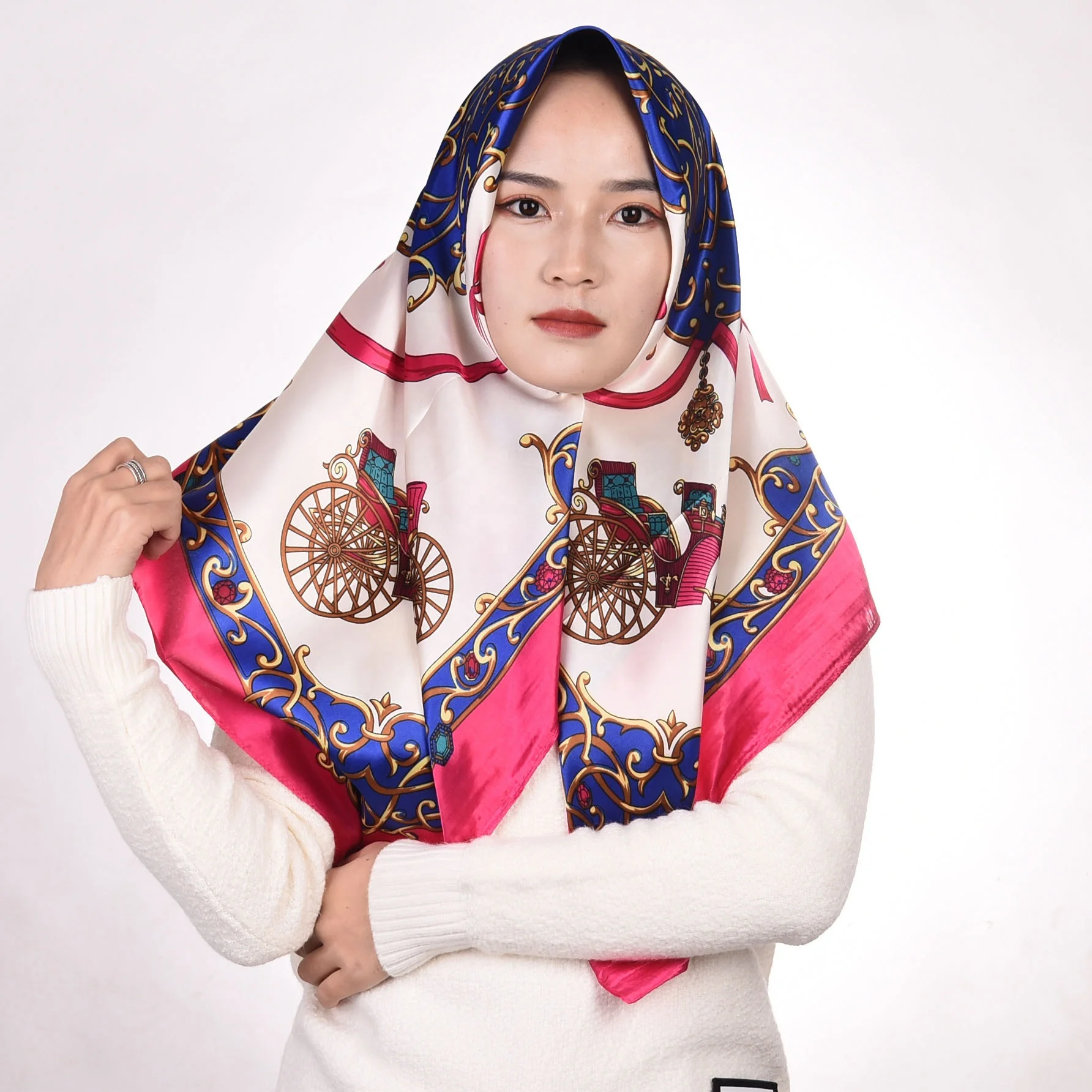 XLL-designer vintage print brand good quality light Square stain silk women head hijab scarf
