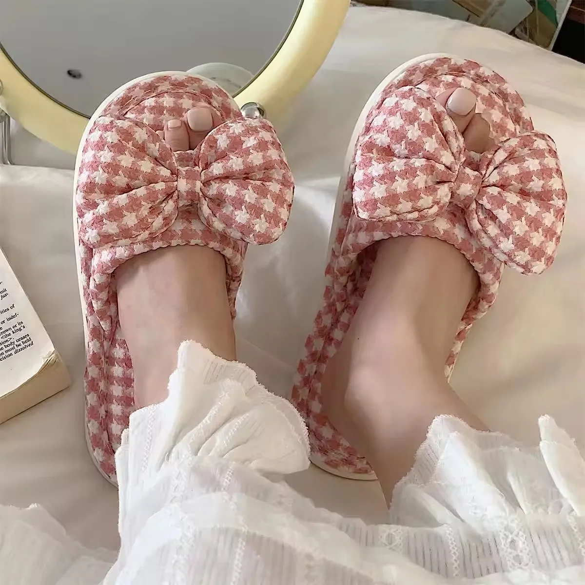 Женские хлопковые льняные тапочки с бантом