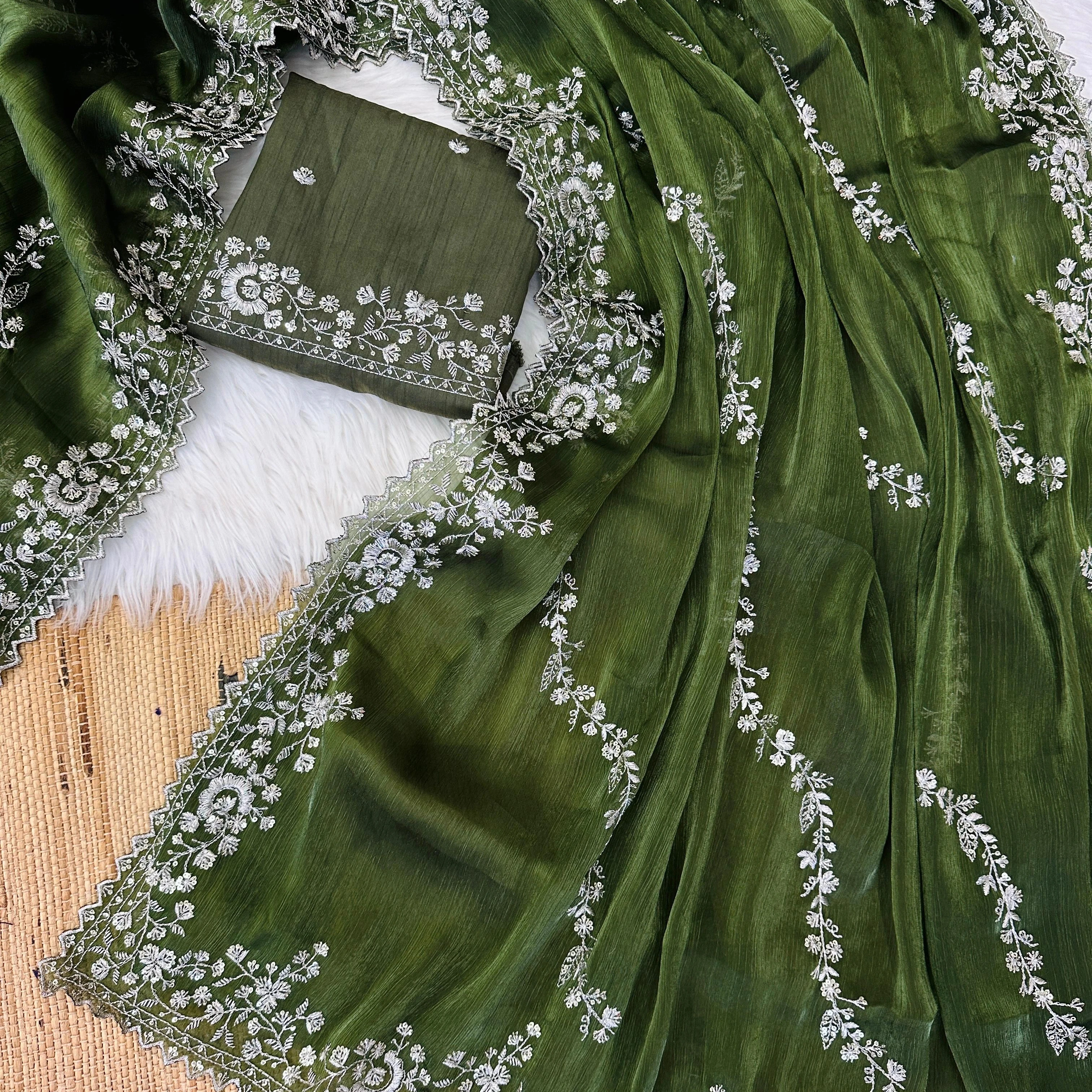 Jimmy Choo Chiffon Saree with Hand-Touched Silver Jari Cover and Silk Blouse with Work Elegant Indian & Pakistani Clothing