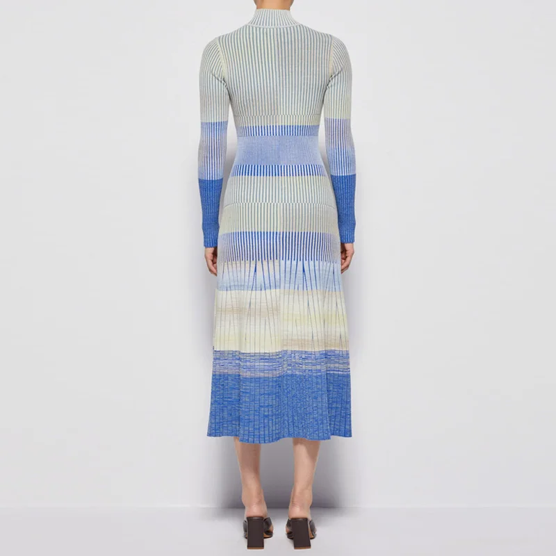 2022 Winter Custom LOGO Sexy High Collar Hollow Space Dyed Long Sleeves Knitted Long Dress Women Sweater