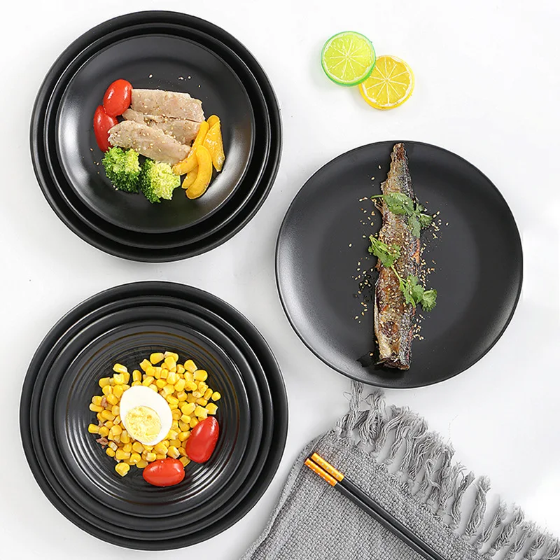 custom Print Matt Elegant Melamine Diner Plates Set 6.8 Inch Melamine Black Plates Restaurant Black Melamine Sushi Plates